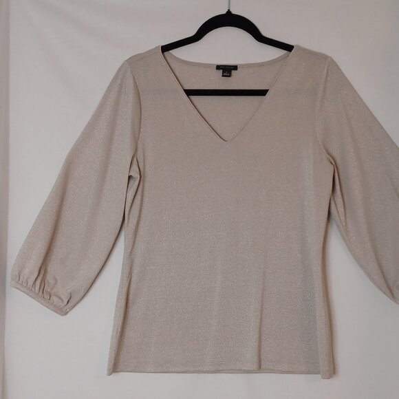 Ann Taylor Puff Sleeve Shiny/Glittering Beige New Years Eve Style Top Size Med - Picture 2 of 8